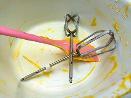 A close up of a mixing bowl with two metal beaters and a pink spatula covered in yellow batter, showcasing the aftermath of a baking session photo