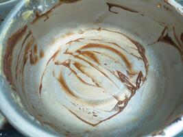 A close up of a mixing bowl with chocolate batter remnants, showcasing swirls and streaks of chocolate. Ideal for baking, cooking, or dessert related themes photo