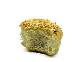 Close up of a partially eaten bread roll with shredded cheese and a fly on top. A mix of appetizing bread and the unexpected presence of a fly photo