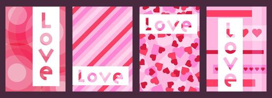 Valentine day vertical posters with hearts, patterns and text. Background designs, postcards decorations, covers and wrapping paper graphics. illustration set. vector