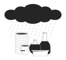 Rain falling from rainy cloud into various containers linear illustration. Rainwater harvesting in barrel, bucket, basin, flasks 2D line scene isolated on white. Monochrome outline image vector