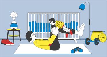 Parent-child playtime in nursery room flat illustration. Mother and toddler engaging in playful exercise on yoga mat 2D characters cartoon background. Home fitness scene storytelling image vector