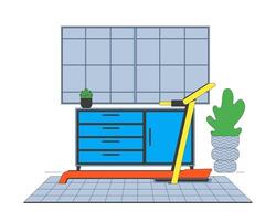 Treadmill and cabinet in home gym room cartoon flat illustration. Exercise equipment. Workout machine. Drawers, potted plants, window wall 2D scene isolated on white background. colorful image vector