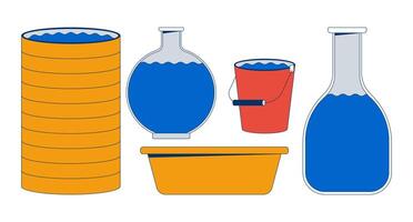 Various water containers 2D cartoon objects set. Barrel, bucket, basin, flasks. Utility, household storage isolated elements flat cliparts on white background. Spot illustrations collection vector