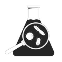 Magnified microorganisms in flask with water black and white 2D line object. Microbiological research, lab experiment glassware isolated clip art outline item. Monochromatic spot illustration vector