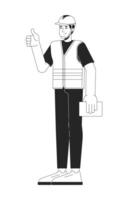 Construction worker giving thumb up with clipboard black and white 2D line character. Caucasian man wearing safety vest and hardhat isolated outline person. Monochromatic spot illustration vector