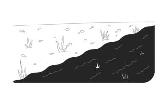 Cross-section of land with grass and water linear illustration. Scattered stones grassy shoreline. Natural landscape ecosystem 2D line scene isolated on white. Monochrome outline image vector