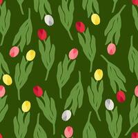 Seamless spring floral pattern multicolored tulips on dark green vector