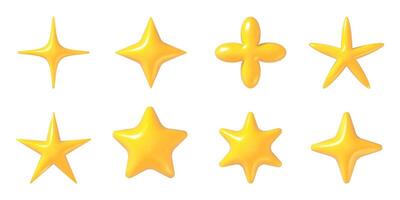 Stars y2k 3d. Golden yellow star shapes in futuristic style. Abstract glossy metal stickers. isolated retro aesthetic trendy realistic elements with reflections vector