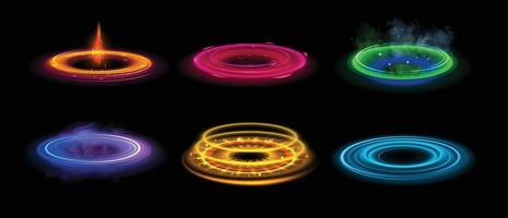 Round light flares. Glowing rings, energy flow tunnel, shiny color neon round magic frames, light circles light effect with sparks and smoke. Futuristic portals set vector