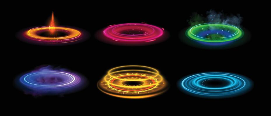 Round light flares. Glowing rings, energy flow tunnel, shiny color neon round magic frames, light circles light effect with sparks and smoke. Futuristic portals set