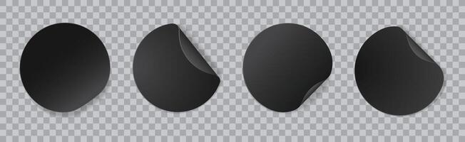 Round black stickers. Realistic paper circle stickers with folded edge black color. Blank price tag, discount sticky badge 3D mockup. isolated template set vector