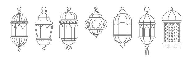 Lanterns ramadan line. Arabic traditional vintage lantern in linear style for muslim Ramadan Kareem holiday. Islamic design elements. retro lamps isolated set vector