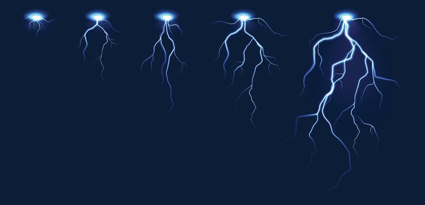 Lightning animation. Lightnings sprite sheet, thunderbolt purple strikes, realistic thunderstorm electric impact. game fx animation storyboard isolated set