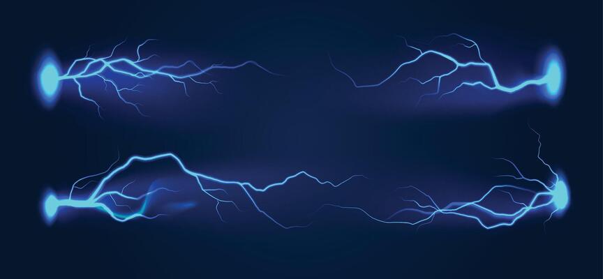 Realistic blue lightning. Thunder storm flash horizontal lightnings. Electric strike, thunderbolt bright light effect, power energy charge. isolated set