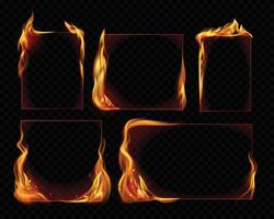 Realistic fire frame. Flame borders with sparkles, burning fiery square and rectangular banners with glow and copy space. flare frames set vector