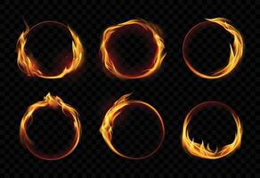 Fire ring. Burning round frames with hot flame. 3d realistic Circle borders in fire with sparkles, flaming circus hoop. burned circular banner isolated set vector