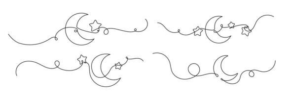 Continuous line crescent. Moon drawing of one line, Ramadan Kareem arabic symbol in simple linear style. Sleep outline sign, crescent with stars set vector