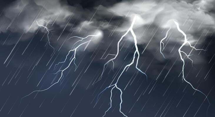 Realistic rain with lightning. Thunderclouds and lightnings on dark sky. Rainy thunderstorm autumn weather. Thunderbolts in overcast sky background