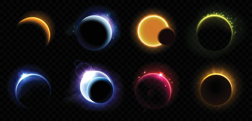 Solar eclipse. Light circles with planet edge, moon neon flare, space elements. Magic galaxy rings, star eclipses realistic effect. outer space set