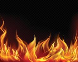 Realistic fire background. Flame overlay border, flaming frame with copy space and glow. 3D hot red bonfire. fire illustration, burning banner, flare effect vector