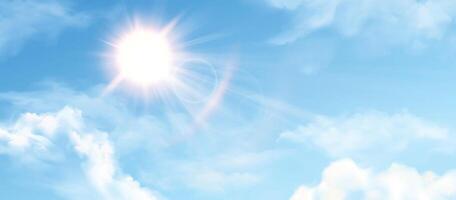 Sun in blue sky with clouds. Sunny summer day background, sunshine in spring cloudy heaven. Sunlight and cumulus effect. Realistic nature sky illustration vector