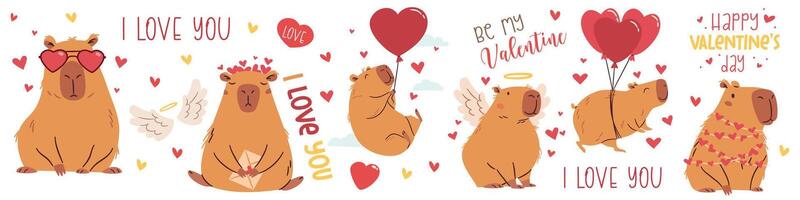 A set of flat illustrations in a simple children's style on the theme of valentine's day. Cute capybaras with hearts and wings on white background, captions vector