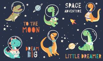 Set of flat illustrations in children's simple style. Cute dinosaurs in spacesuits flying in space, space lettering vector