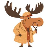Flat illustration in a simple children's style. Cute moose private detective looking through magnifying loupe. vector