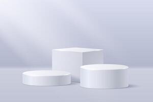 White cylindrical podiums with a cubic pedestal on a light background illuminated by the sun from the window. vector