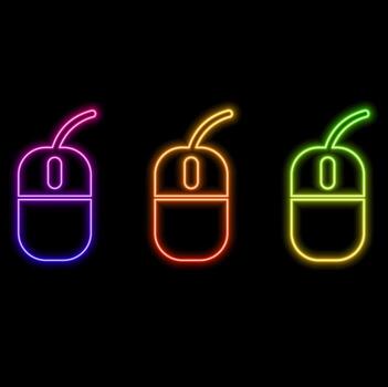 computadora ratón neón signo. brillante computadora hardware icono. ilustración para diseño. oficina concepto. vector