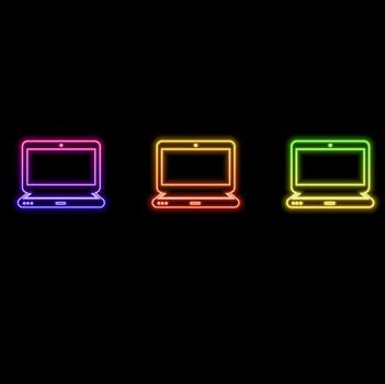Glowing neon line Laptop icon isolated on black background. Computer notebook with empty screen signal. Colorful outline concept. vector