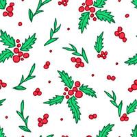 Hand-drawn color seamless pattern. Branches, green leaves and red berries of holly on a white background. For prints, packaging, textile products, postcard, New Year, Christmas designs. vector