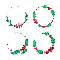 Hand-drawn color illustration. A set of round frames for New Year, Christmas design. Holly branches, leaves and berries. For prints, stickers, labels, postcards. vector