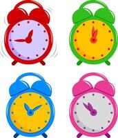 Set of colorful alarm clocks. Wake-up time in the morning. Set of table clocks. vector
