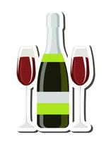 Bottle of sparkling red wine and two glasses as a sticker on a white background isolated. vector