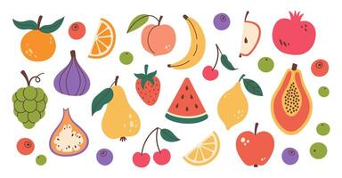 Set of different fruits and berries. Collection of organic vitamins and healthy nutrition. Isolated Watermelon, banana, peach, apple, cherry, pear, grapes, lemon. Flat design, doodle style. vector