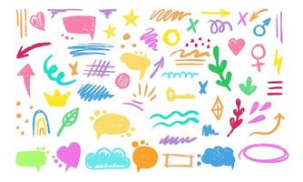Hand-drawn pencil color elements, brush with crayon effect, chalk texture. illustration in children's style. Crayon brush colored scribble, square, spiral, arrow. vector
