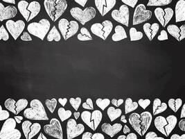 Chalk drawn broken hearts border on blackboard background with copy space vector