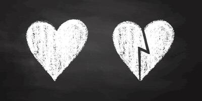 Hand-drawn white heart and broken heart on black chalkboard background vector