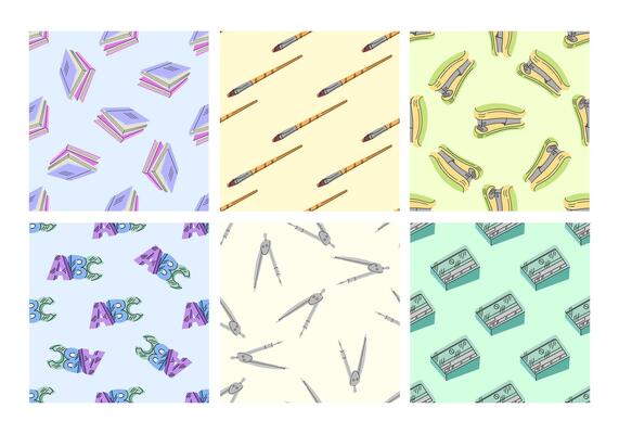Set of seamless patterns with school supplies in flat style
