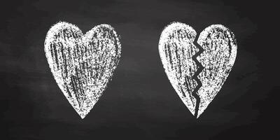 Hand-drawn whole and broken heart on chalkboard textured background vector