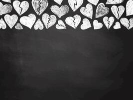 Hand-drawn broken hearts chalk background on blackboard with empty space vector