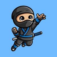 fun jumping ninja on black and blue cartoon colored character isolated drawing line art style sketch classic vintage design illustration vector
