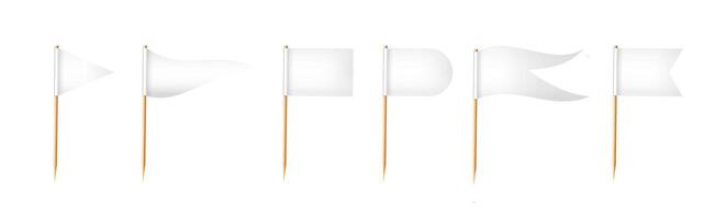 Toothpick flags. Wooden toothpicks with white paper flag. Location mark, map pointer. vector