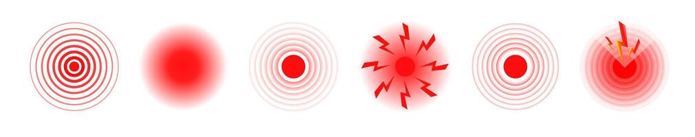 Pain red circle or localization mark, aching place sign, abstract symbol of pain, sore spot or hurt body part marker, design element for painkiller advertisement and medical information posters vector