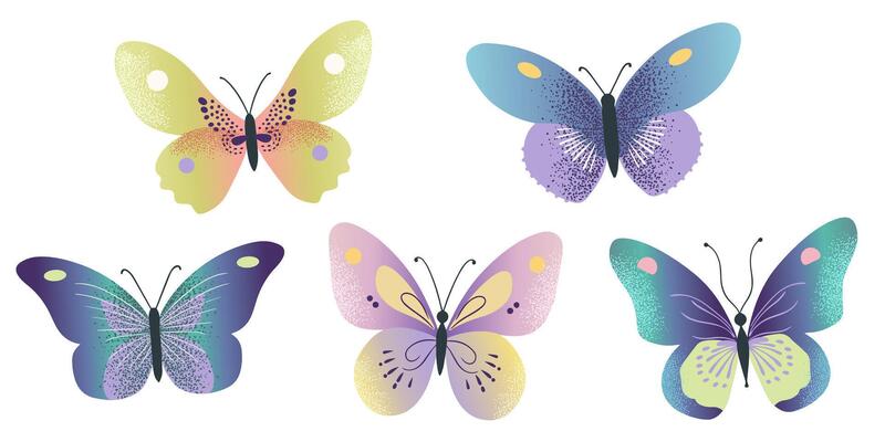 Cute butterflies in purple, yellow colors. Spring and summer elements. Hand drawn illustration.