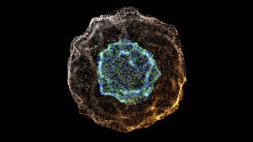 strahlend Partikel Kugel mit Blau Ader und golden äußere Schichten auf dunkel Hintergrund video