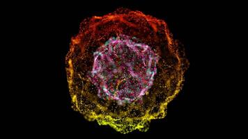 strahlend Partikel Kugel mit beschwingt Gelb und rot Energie Schichten video