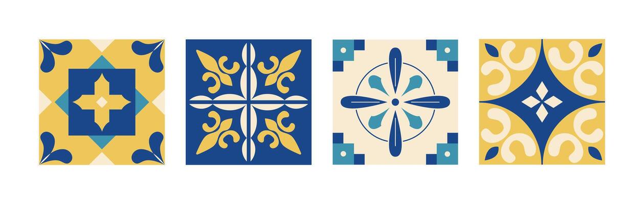 Traditional Mediterranean blue and yellow tiles. Azulejos. Abstract geometric patterned background. Italian, Portuguese, Spanish, Moroccan style. Mosaic. illustration.